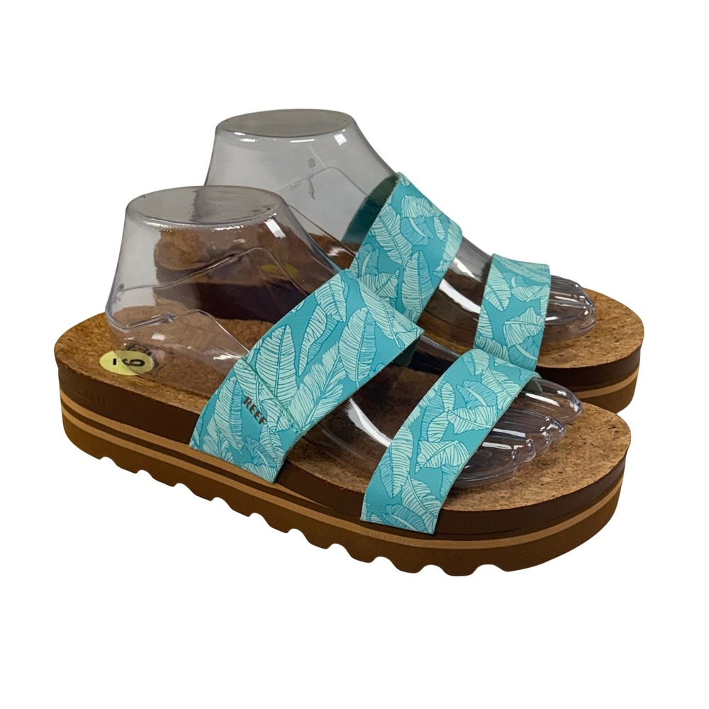 NEW Reef Cushion Vista Hi Platform Sandal Womens 9 Aqua Tropical Leaf Print Boho